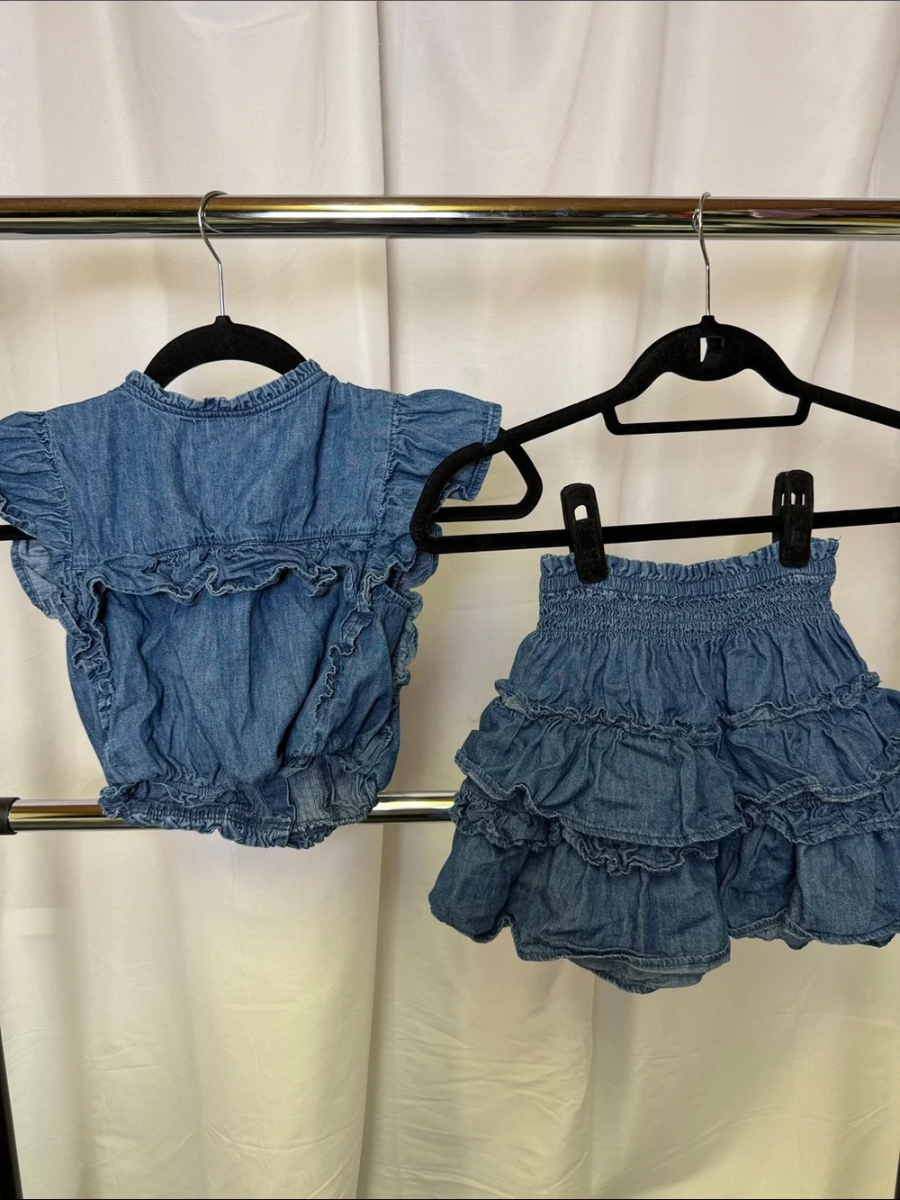 Gap X LoveShackFancy girls denim floppy skirt and ruffle-button front top set M